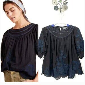 Anthropologie Salma Embroidered Peasant Blouse Size 4 Black Blue